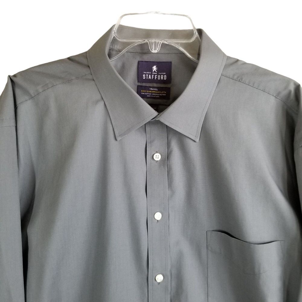 Stafford Travel Easy Care Broadcloth Button Up LS Shirt Men's 18-18.5 2XL Gray
